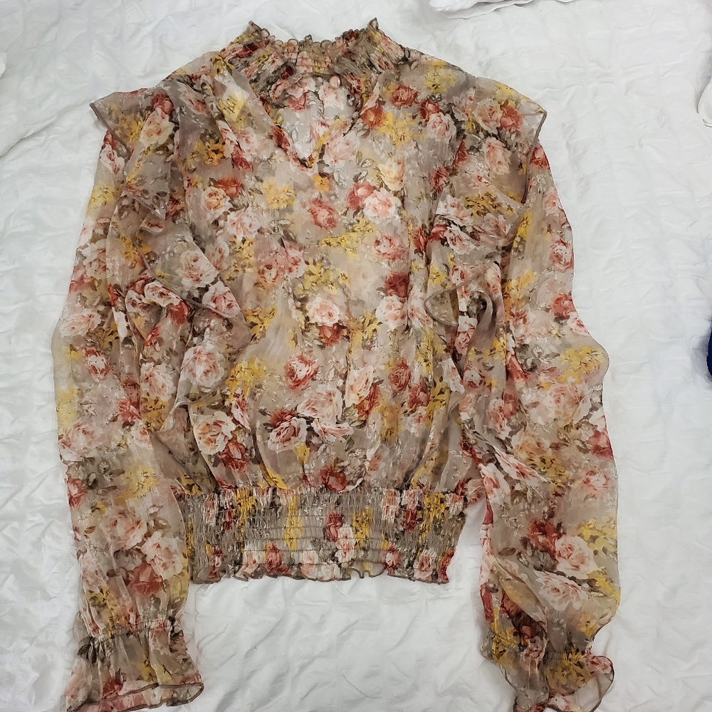 Floral Ruffle Long-Sleeve Blouse - Pink Multicolored Sz Large